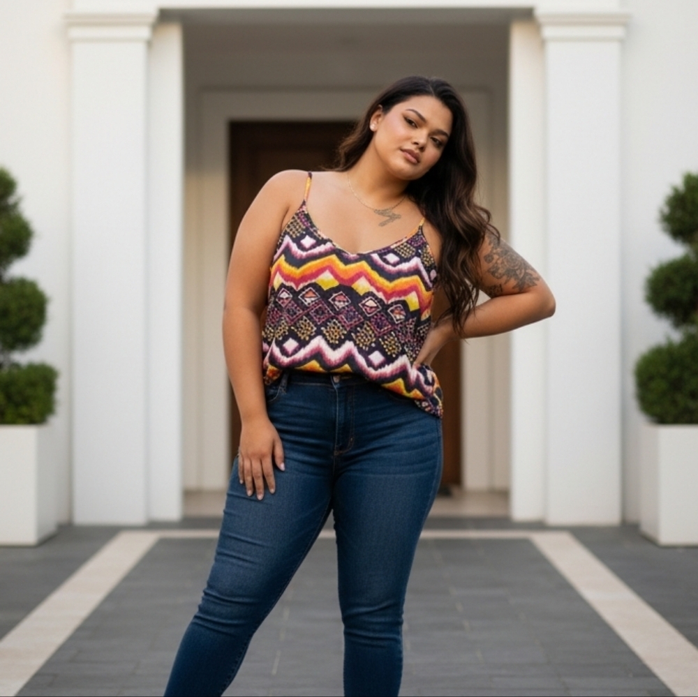 Bold Retro Aztec Neon/Abstract Pattern Oversized Plus Size Cami Tank - Picture 2 of 4